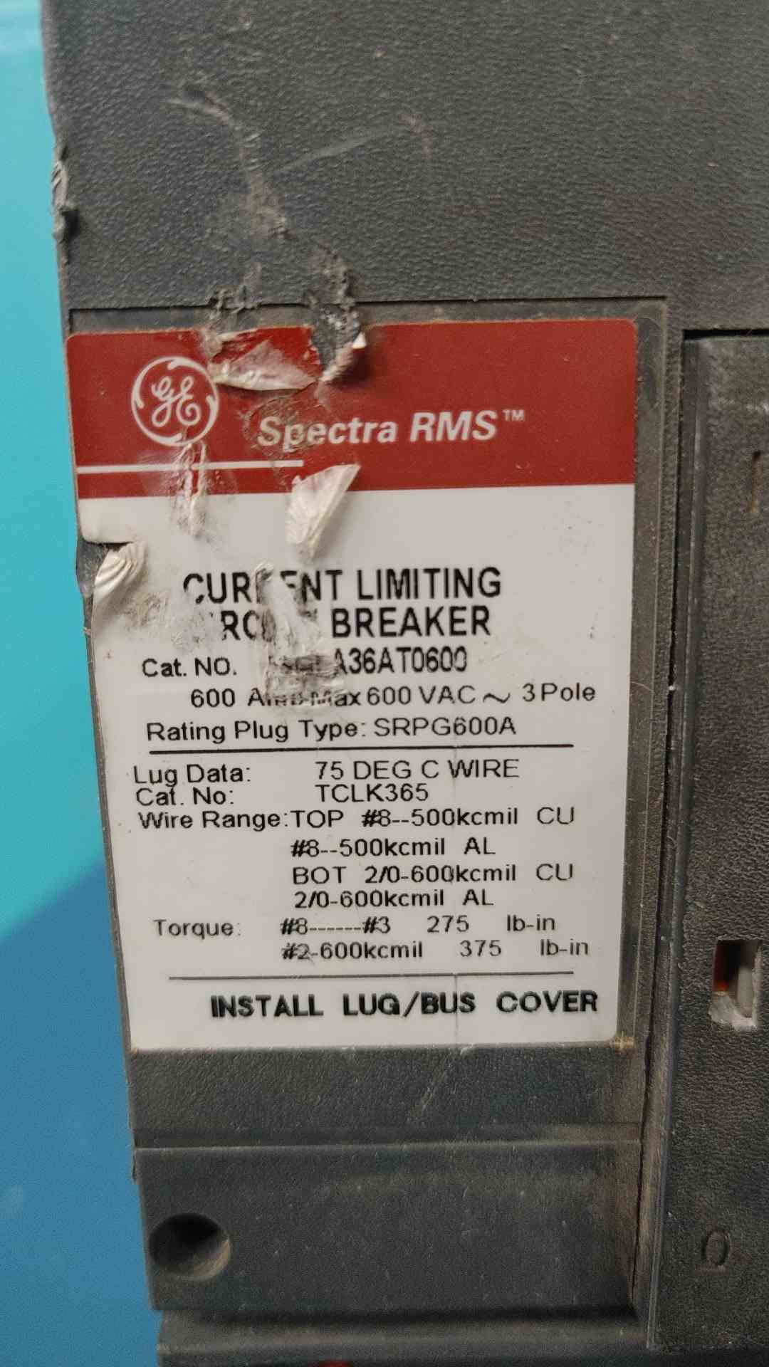 GE SGHA36AT0600 Spectra RMS 600A Frame 600V 3P Breaker w/ 400A Rating Plug SRPG