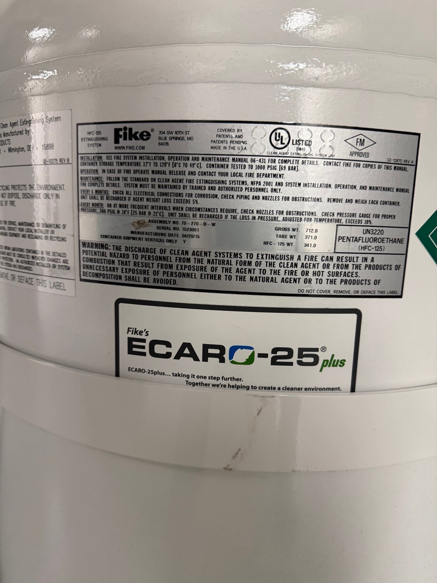 Fike ECARO-25 Plus Clean Agent Fire Suppression 341lbs Agent Cylinder/Tank