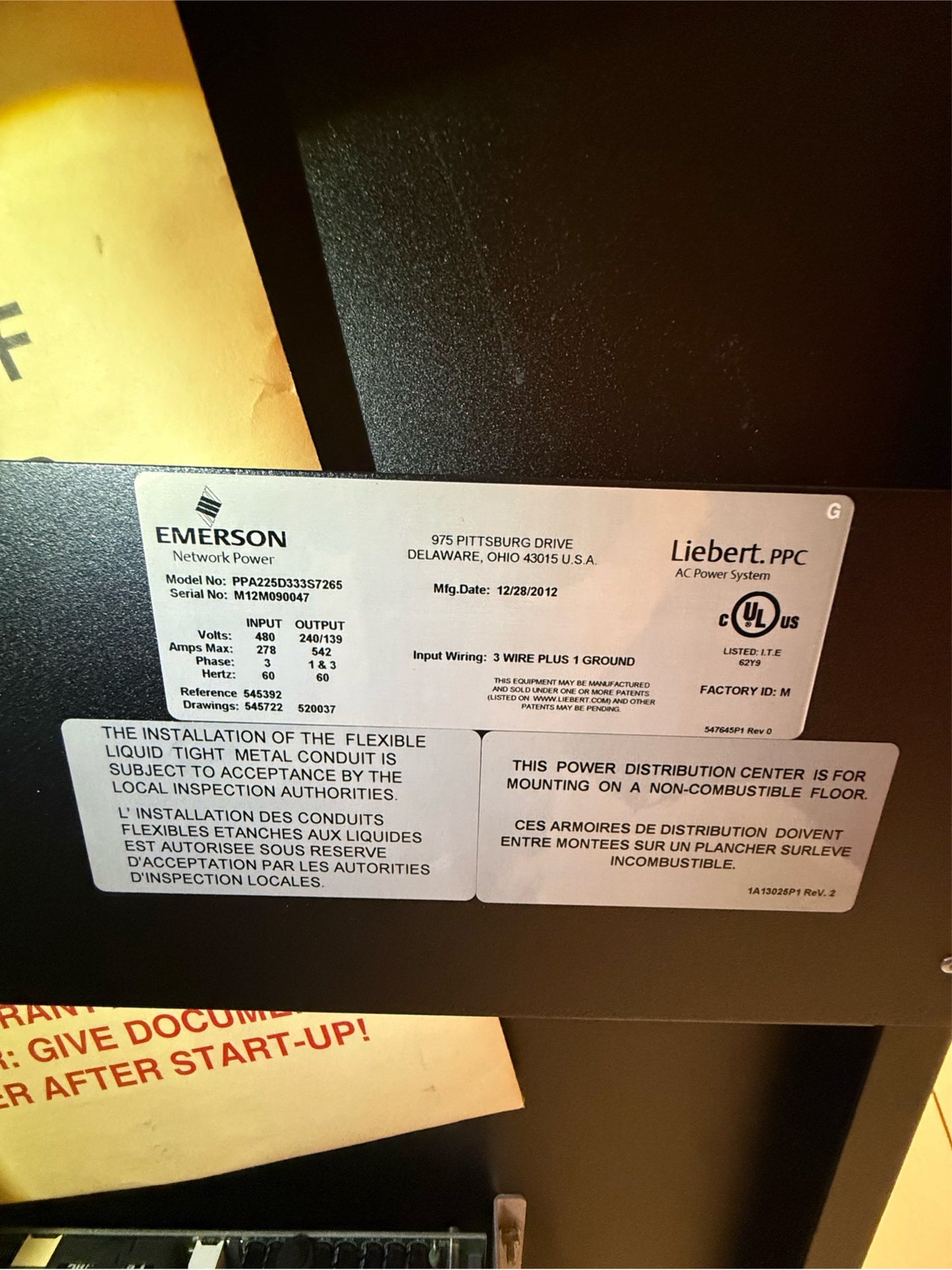 225KVA Liebert PPA225D 480V x 240V Step Down PDU 2012