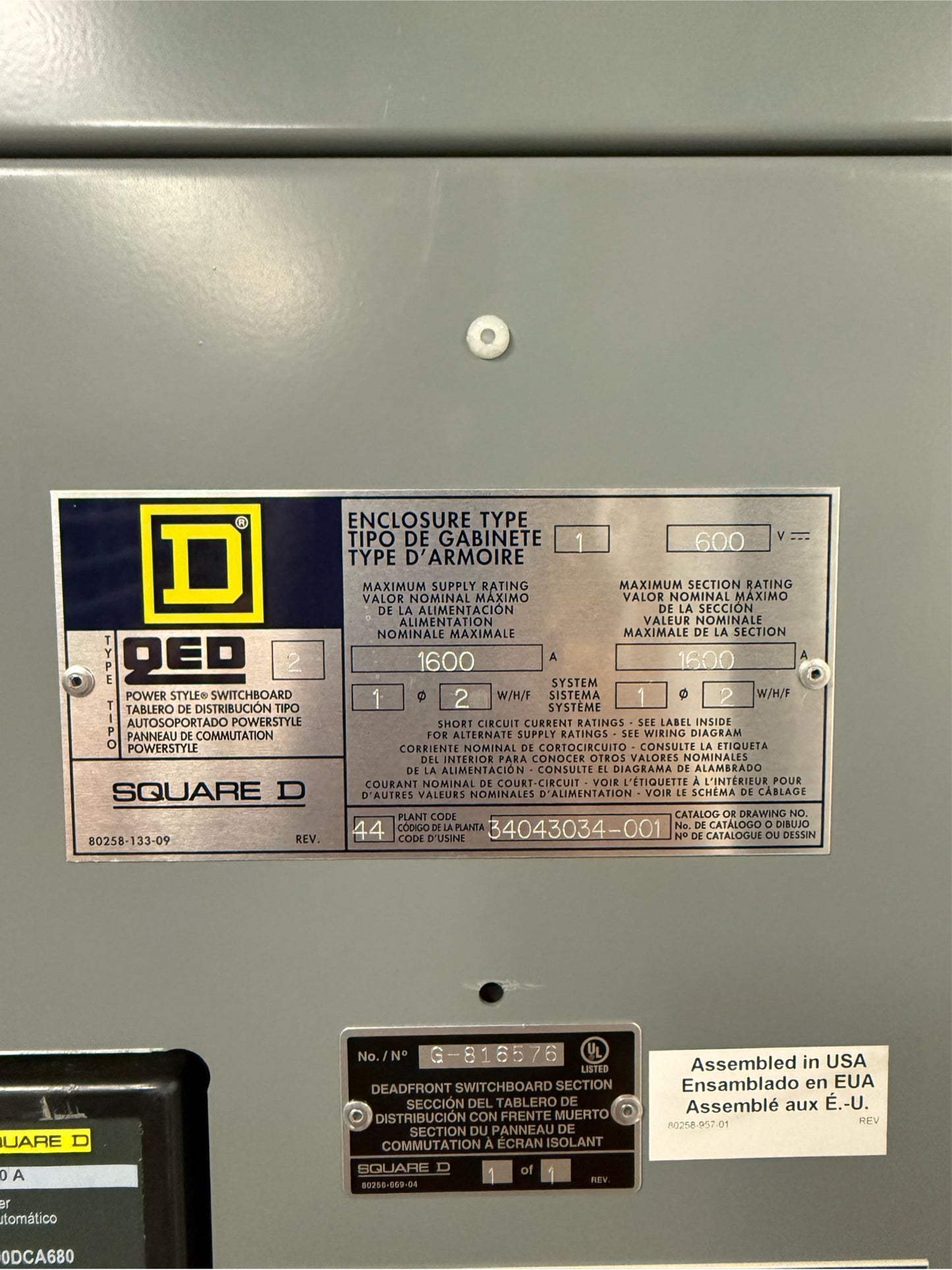 Square D QED Switchboard 600V 1600A Disconnect Cabinet
