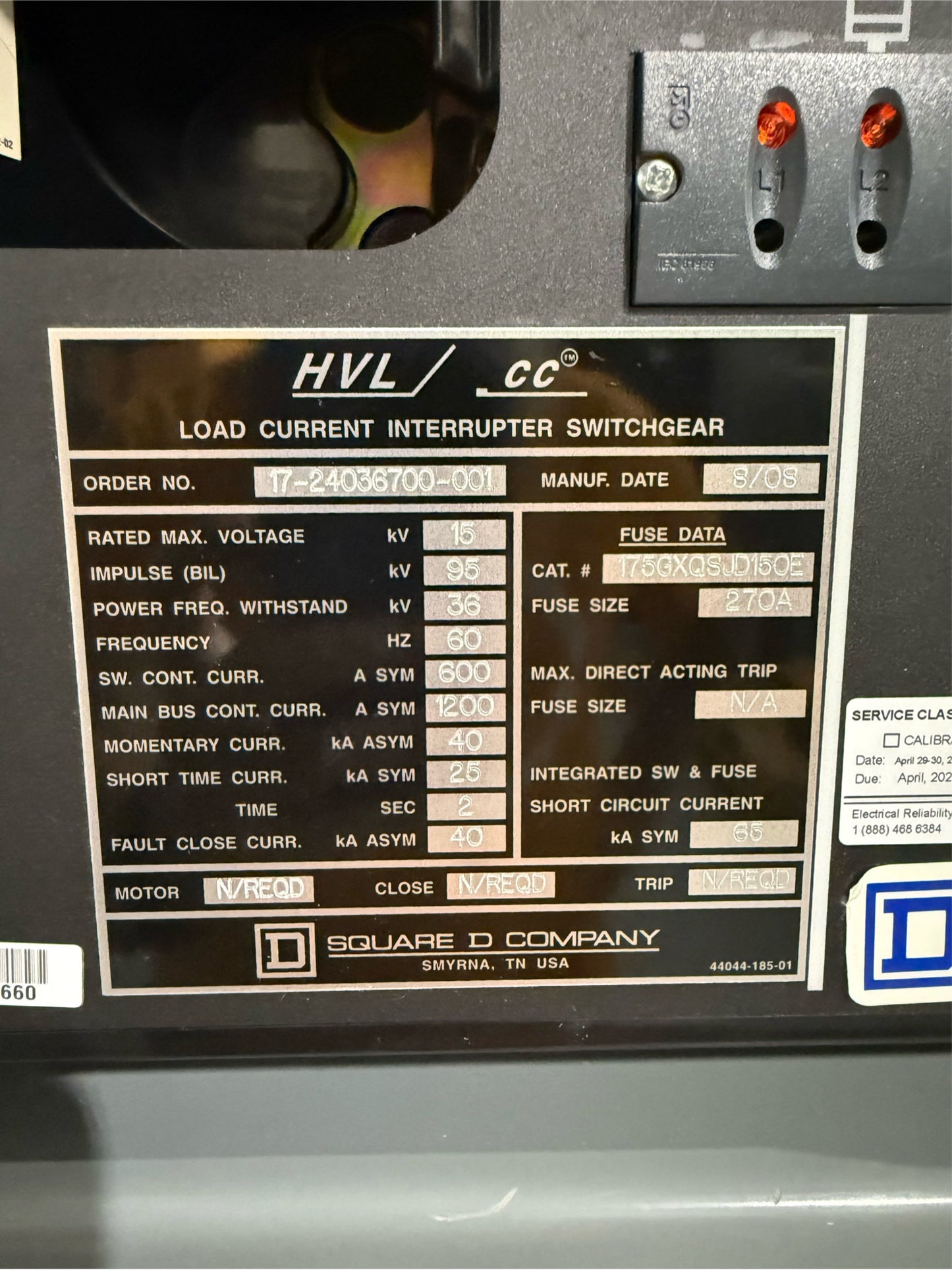 15KV Square D (HVL) Load interrupter Switchgear 270A 175GXOSJD1502
