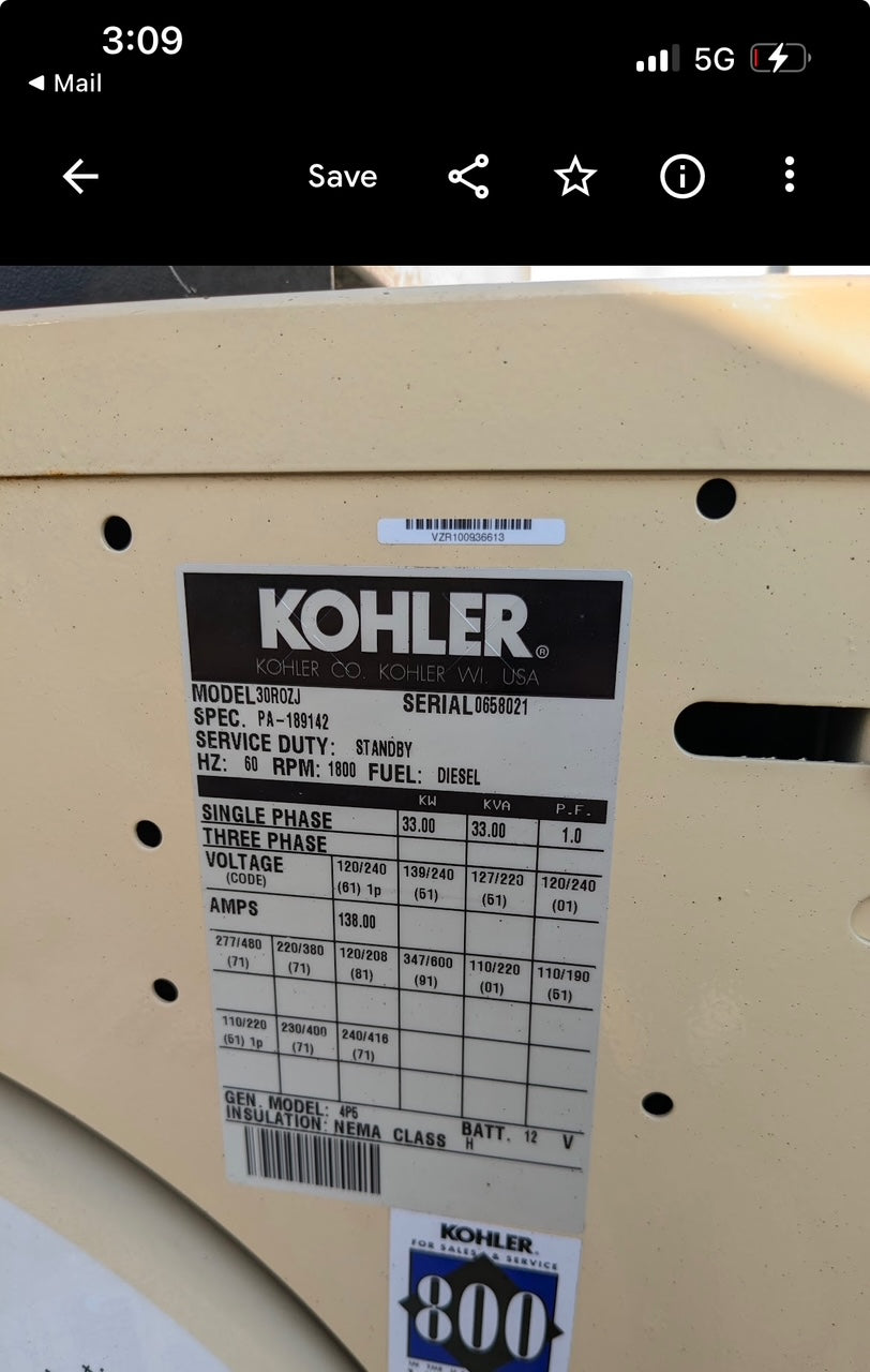 33KW Kohler Generator John Deere Diesel 1350Hrs '99 LOAD TESTED