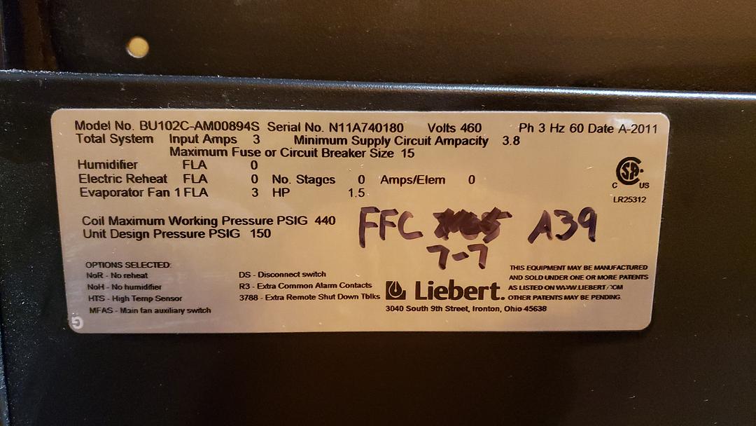 5 Ton Liebert BU102C Chilled Water AC 460v(S6LLST11821)