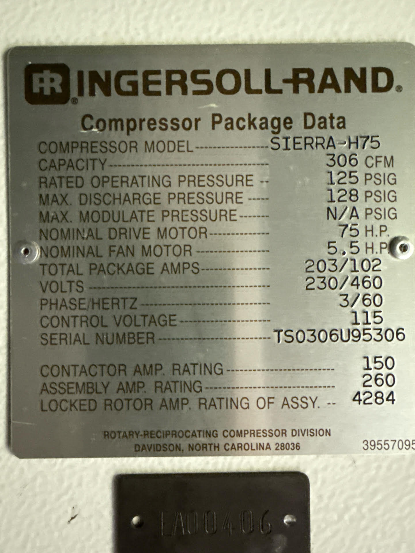 75HP Ingersoll Rand Sierra-H75 Oil-Free Air Compressor 230/460 306CFM (SKU: 109851)