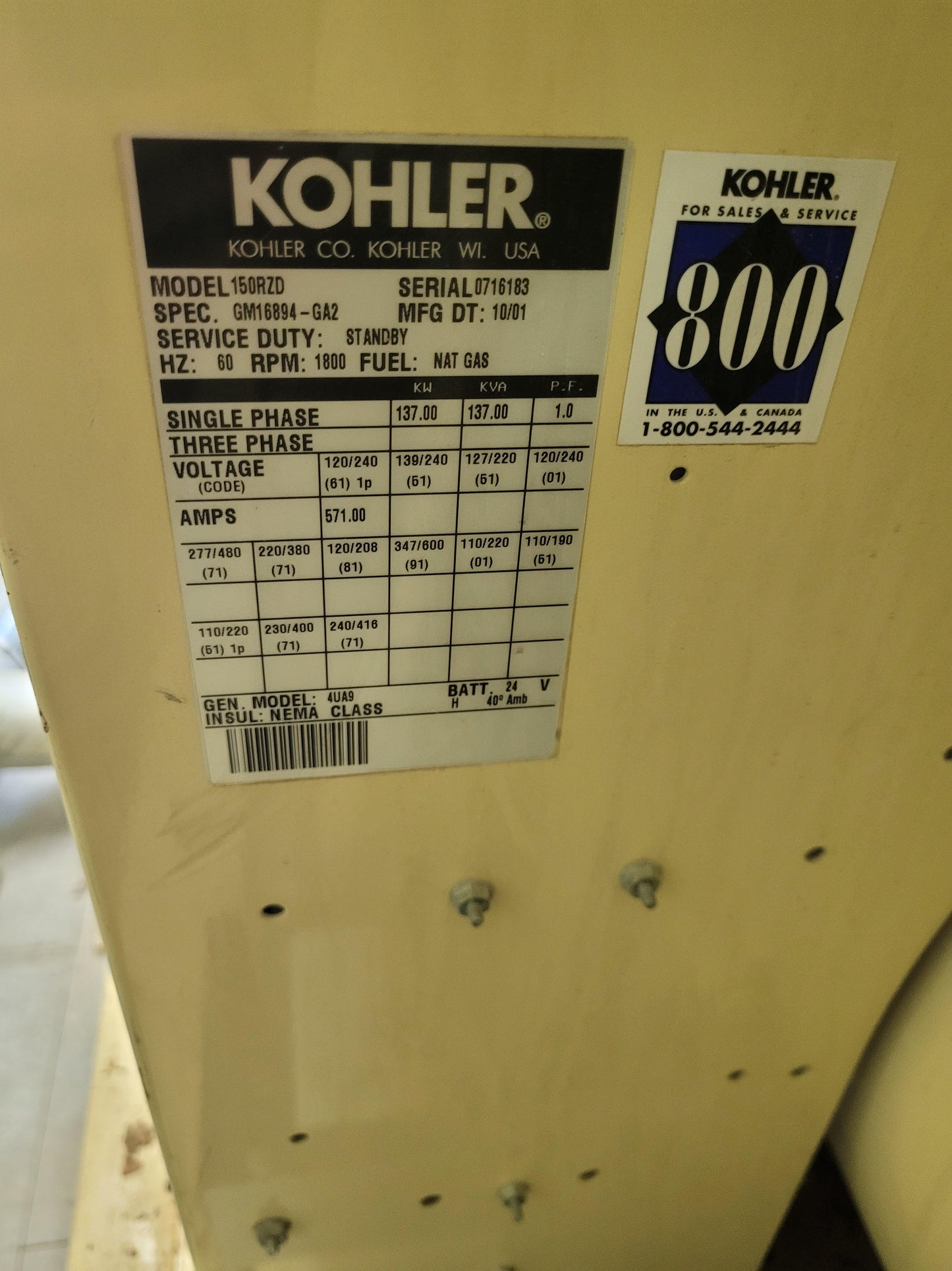 137KW / 150KW Kohler Detroit 150RZD Nat Gas LP Generator 937hrs 6043TKG5 '01