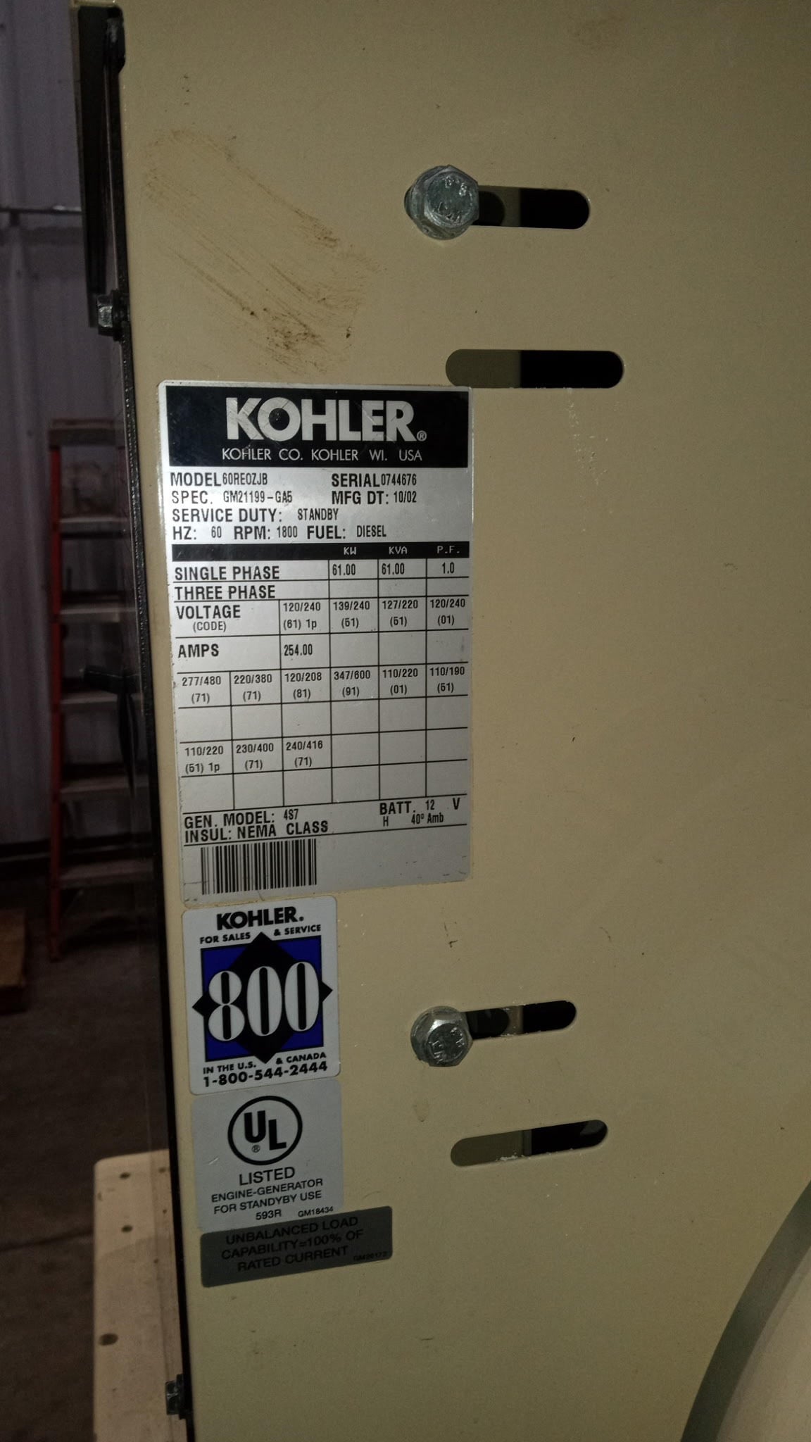 60KW Kohler 60REOZJB 120/240 254A 1PH Diesel Generator 4045 John Deere TESTED (SKU: 110682)