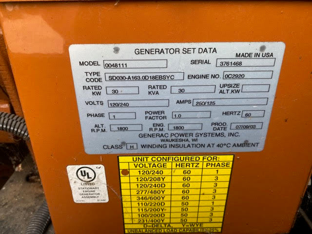 30KW Generac SD030 Diesel Generator 1PH 120/240 2003 379.8hrs