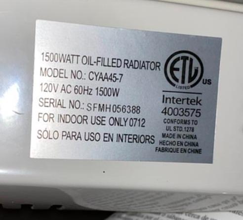 Lot of 12 Intertek Small Heater CYAA45-7 1500WATT Oil Filled(S6LLST3749)