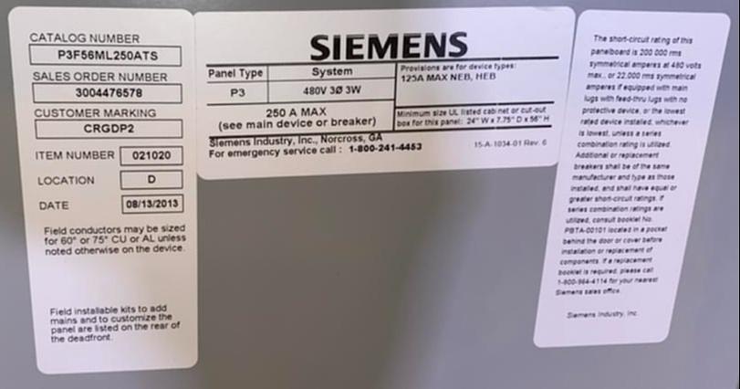 250A SIEMENS HEB Breaker Panelboard 480v '13(S6LLST4033)