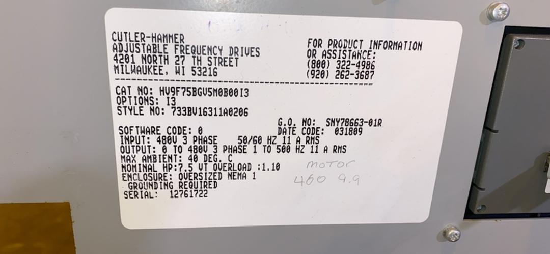 CutlerHammer HV9000 VFD 480v HV9F75BGVSM0B00I3(S6LLST4258)