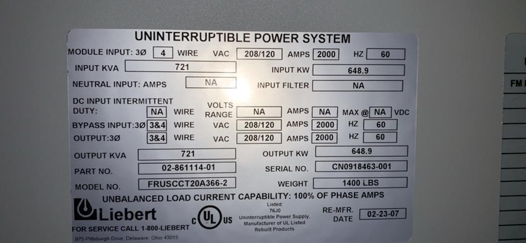 Switchgear LIEBERT UPS SCC w 2 NW20H Masterpact & 2 MG CK1200NA(S6LLST9176)
