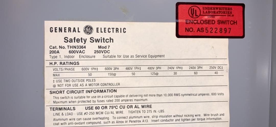 200A GE THN3364 Non Fused Safety Switch(S6LLST6247)