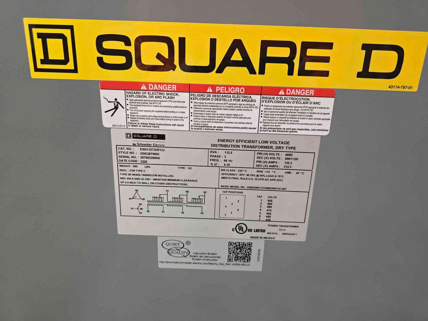NEW 112.5KVA Square D LV Transformer, Dry type 3PH 480V 208Y/120 (SKU: 111350)