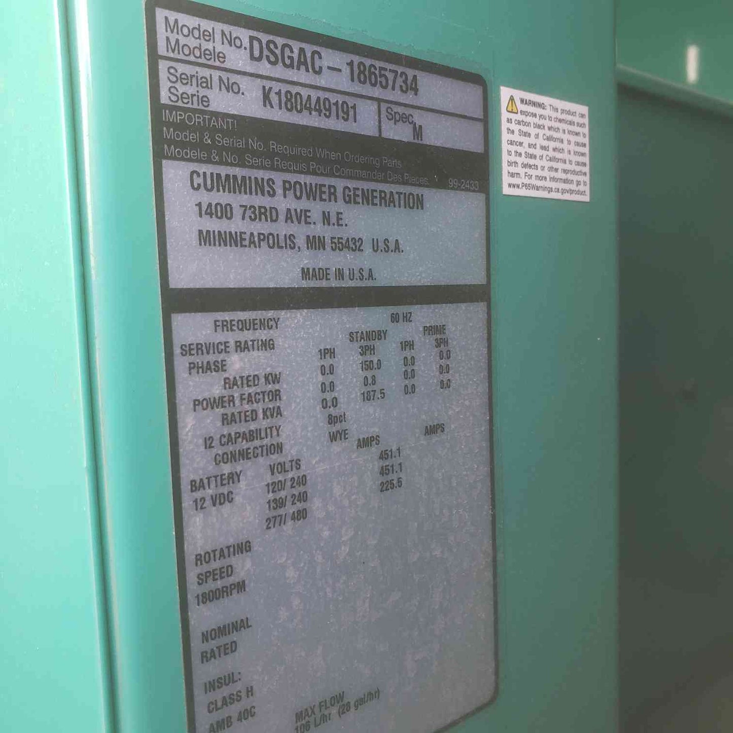 150KW Cummins DSGAC-1865734 120/240 451.1A 3PH Diesel 203.6 Hrs. (SKU: 110551)