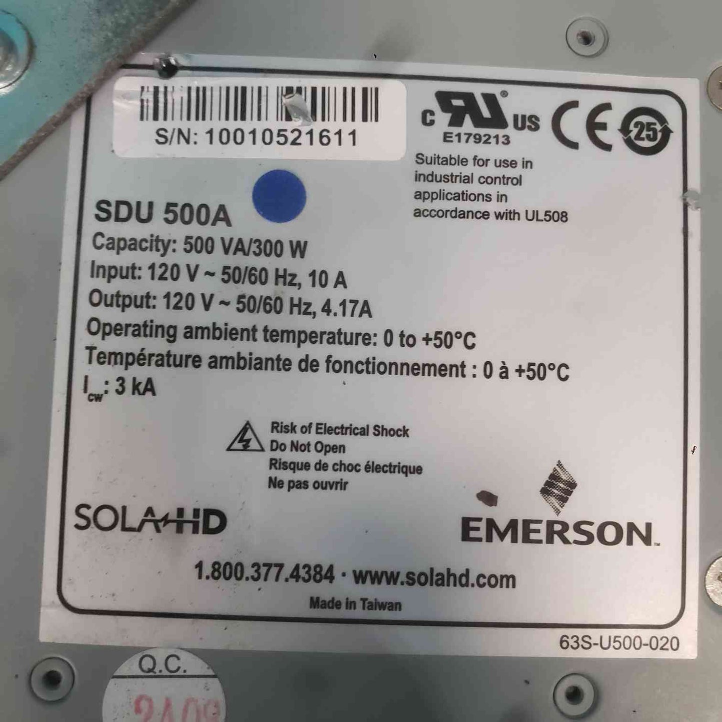 SolaHD SDU 500A Industrial DIN Rail UPS 500VA 120V Emerson 63S-U500-020