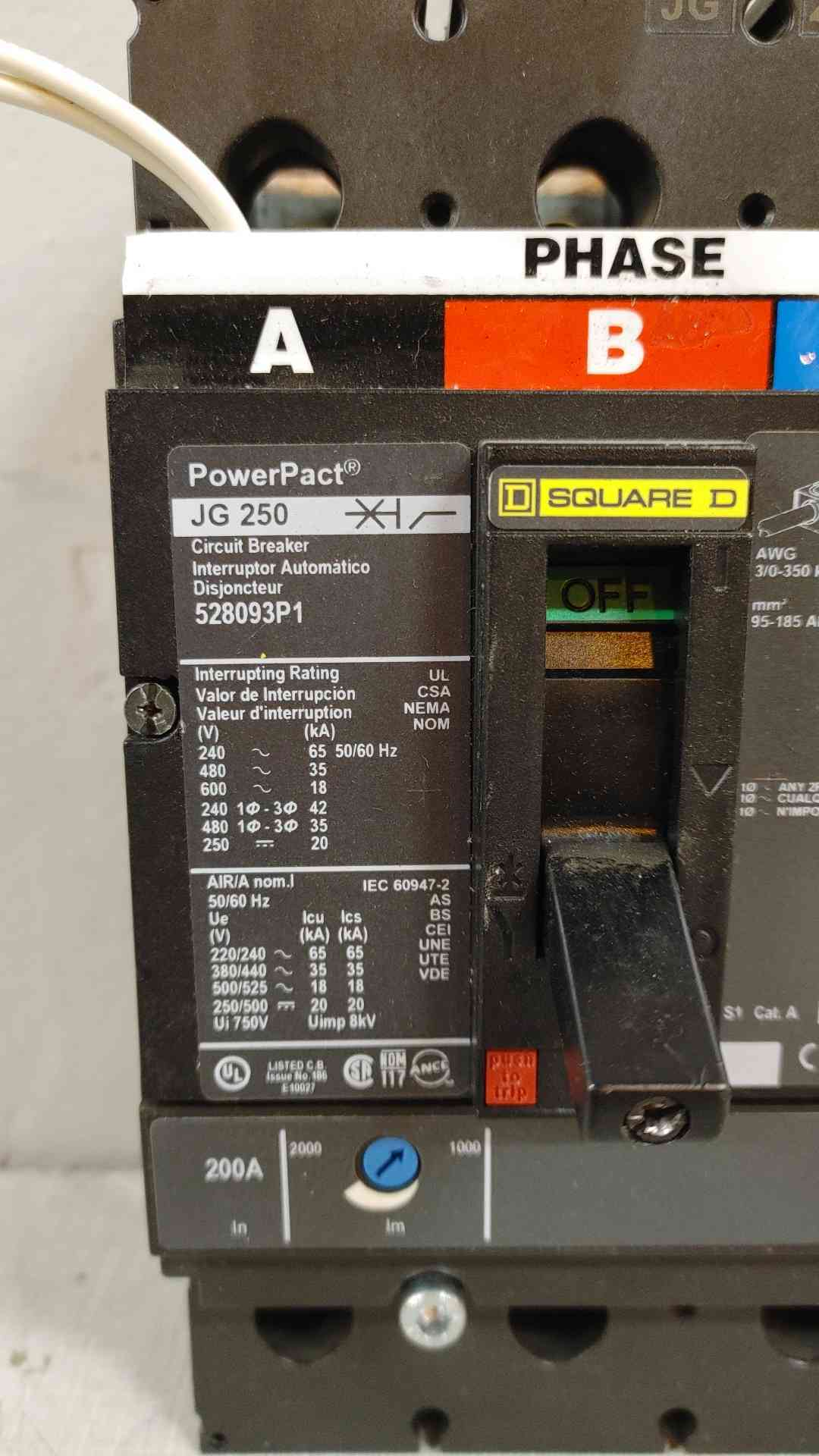 Square D PowerPact 200A 3 Pole Circuit Breaker JG 250(104637)