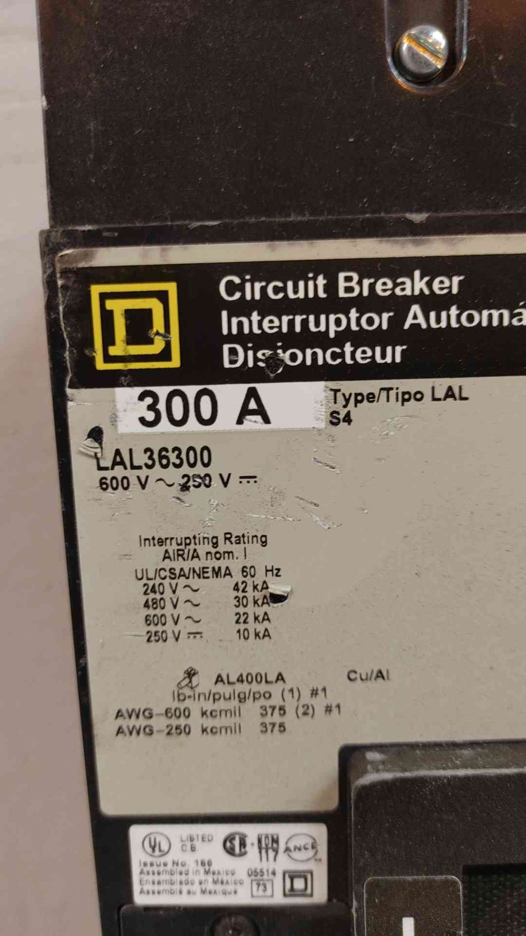 Square D 300A Circuit Breaker 600V 22KA LAL36300(104639)
