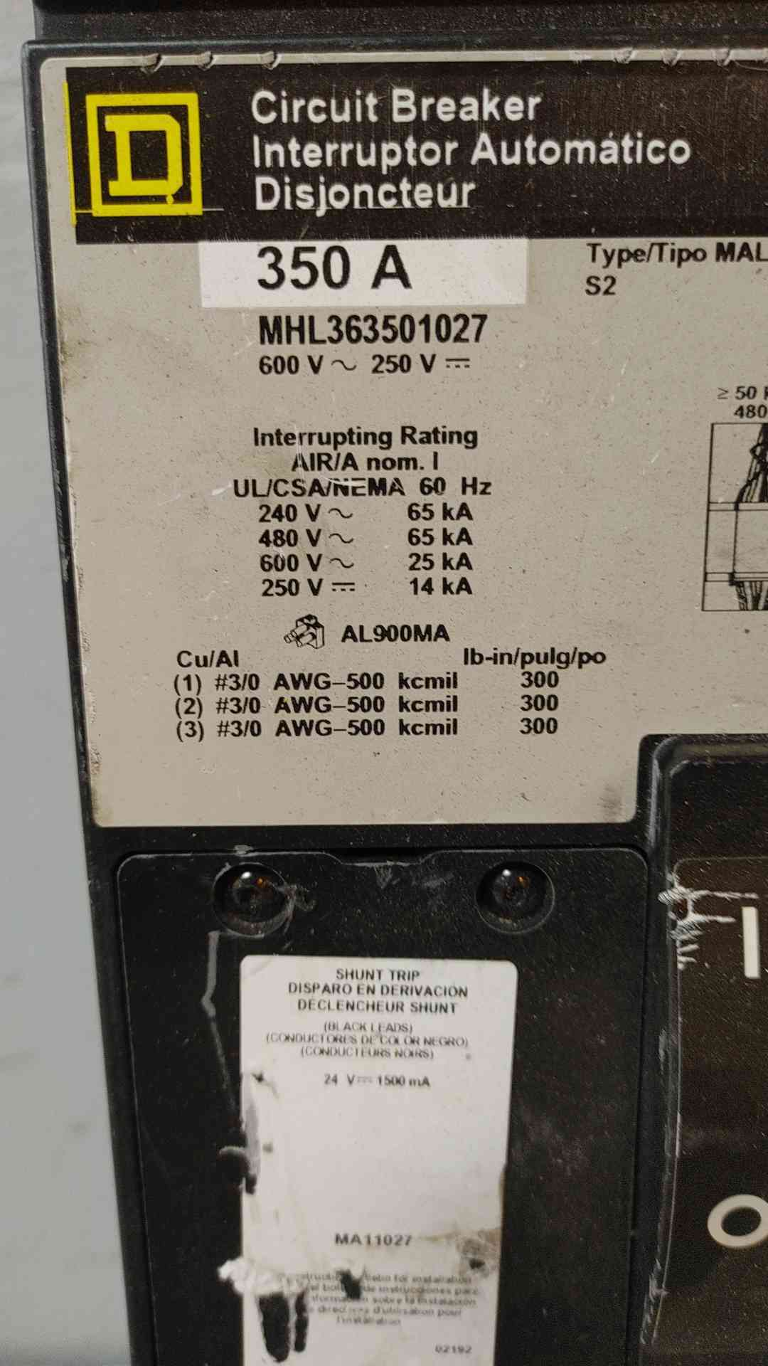 Square D 350A 3 Pole Circuit Breaker 600VDC 250VAC 65KA MHL363501027(104727)