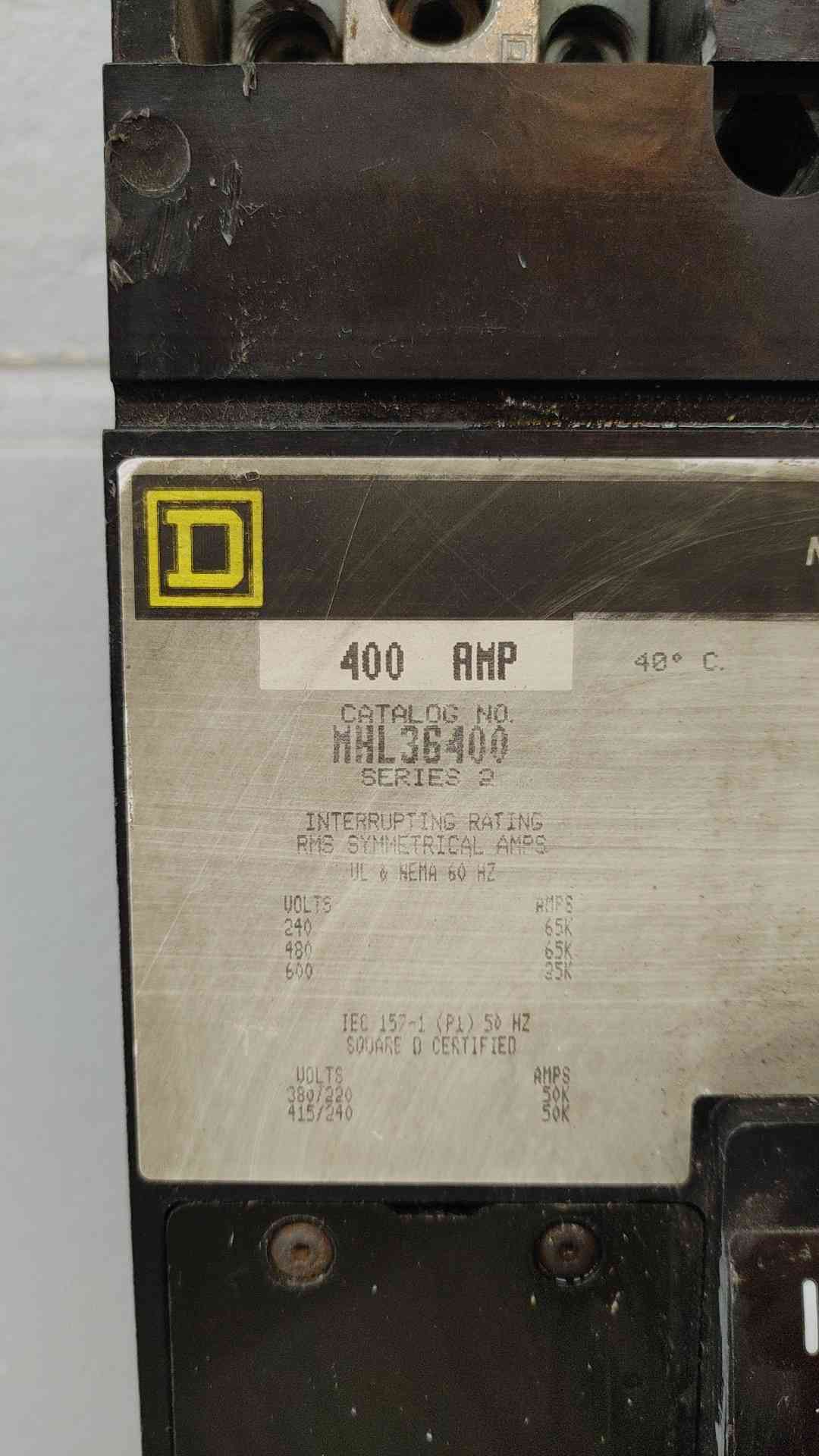 Square D 400A 3 Pole Circuit Breaker 600VAC 250VDC MHL36400(104835)