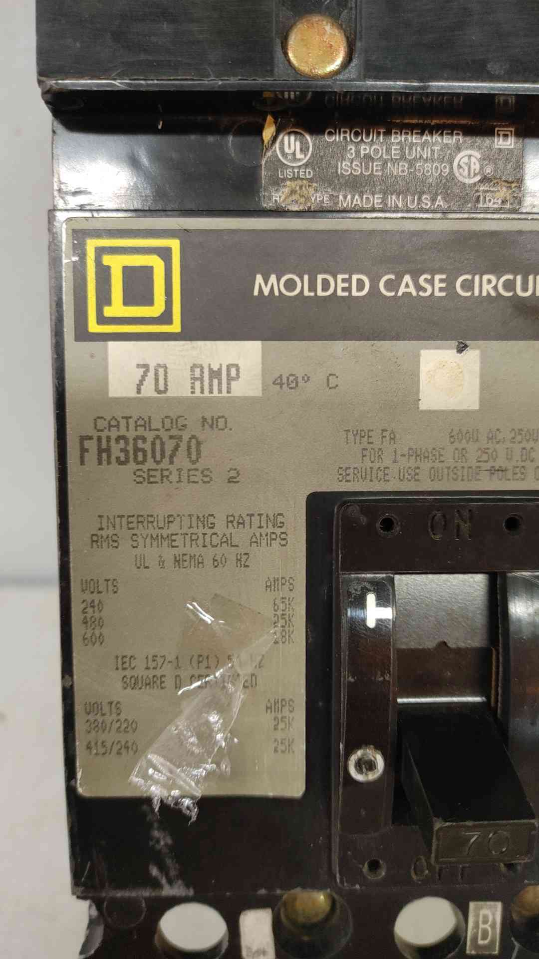 Square D 70A 3 Pole Circuit Breaker 600VAC 250VDC FH36070(104837)