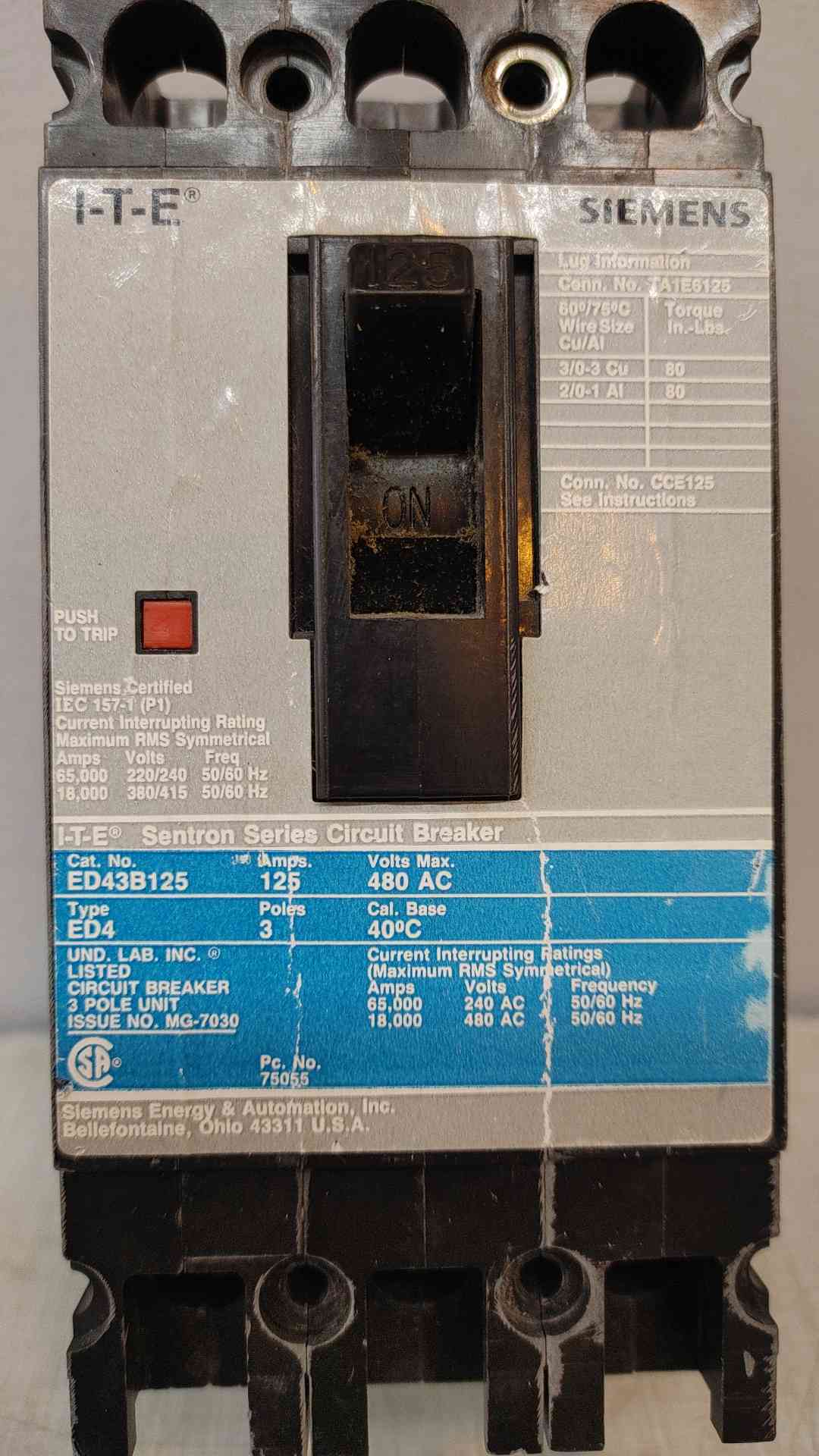Siemens I-T-E 125A 3 Pole Sentron Series Circuit Breaker 480VAC ED43B125(104838)