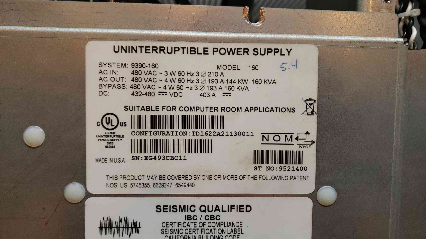 160KVA EATON 9390 UPS Cabinet 160 '20 Cap Upgrade (SKU: 106597)(106597)160KVA