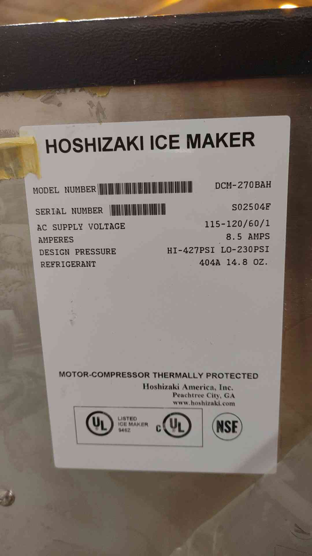 Hoshizaki Ice Maker 115-120V 8.5A DCM-270BAH Dispenser Nugget Style