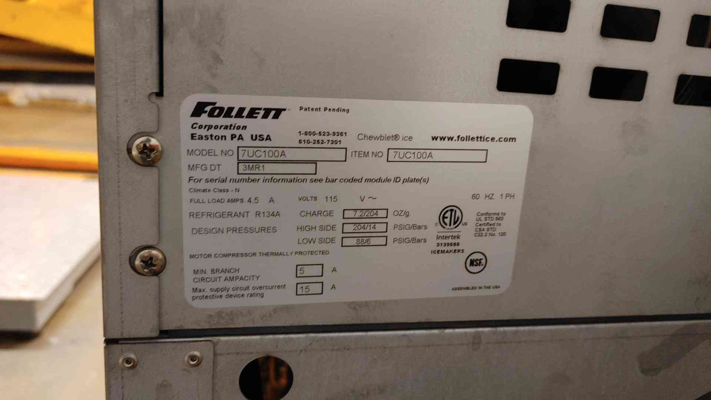 Follett Commercial Ice Machine 115V 4.5A 1PH 7UC100A Non Working