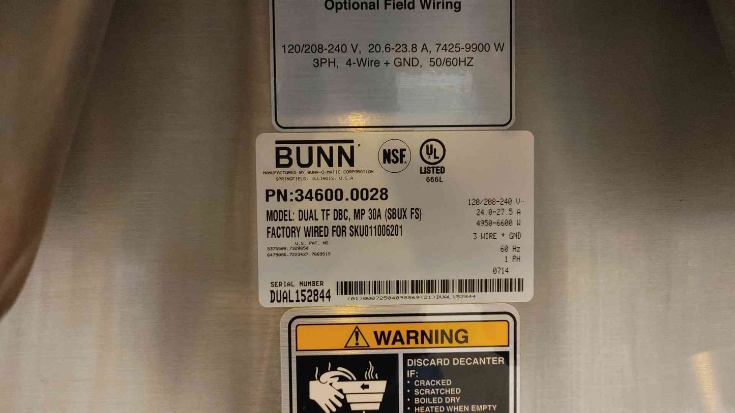 Bunn Dual TF DBC 120/208-240VAC 3PH 4W Coffee Brewer