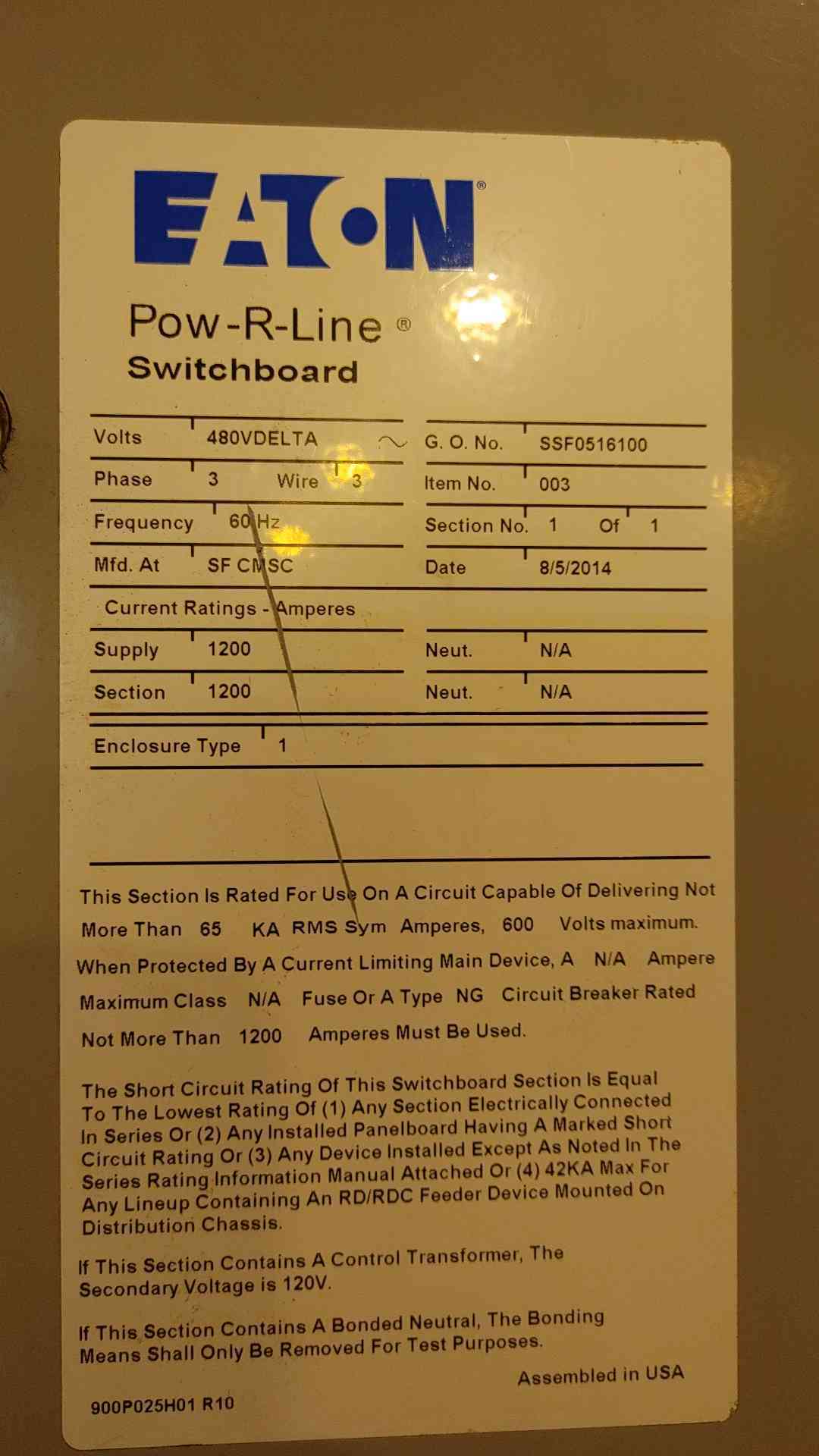 Eaton Pow-R-Line Switchboard 480VDC 3W 3PH 1200A 2x N1200K Breaker