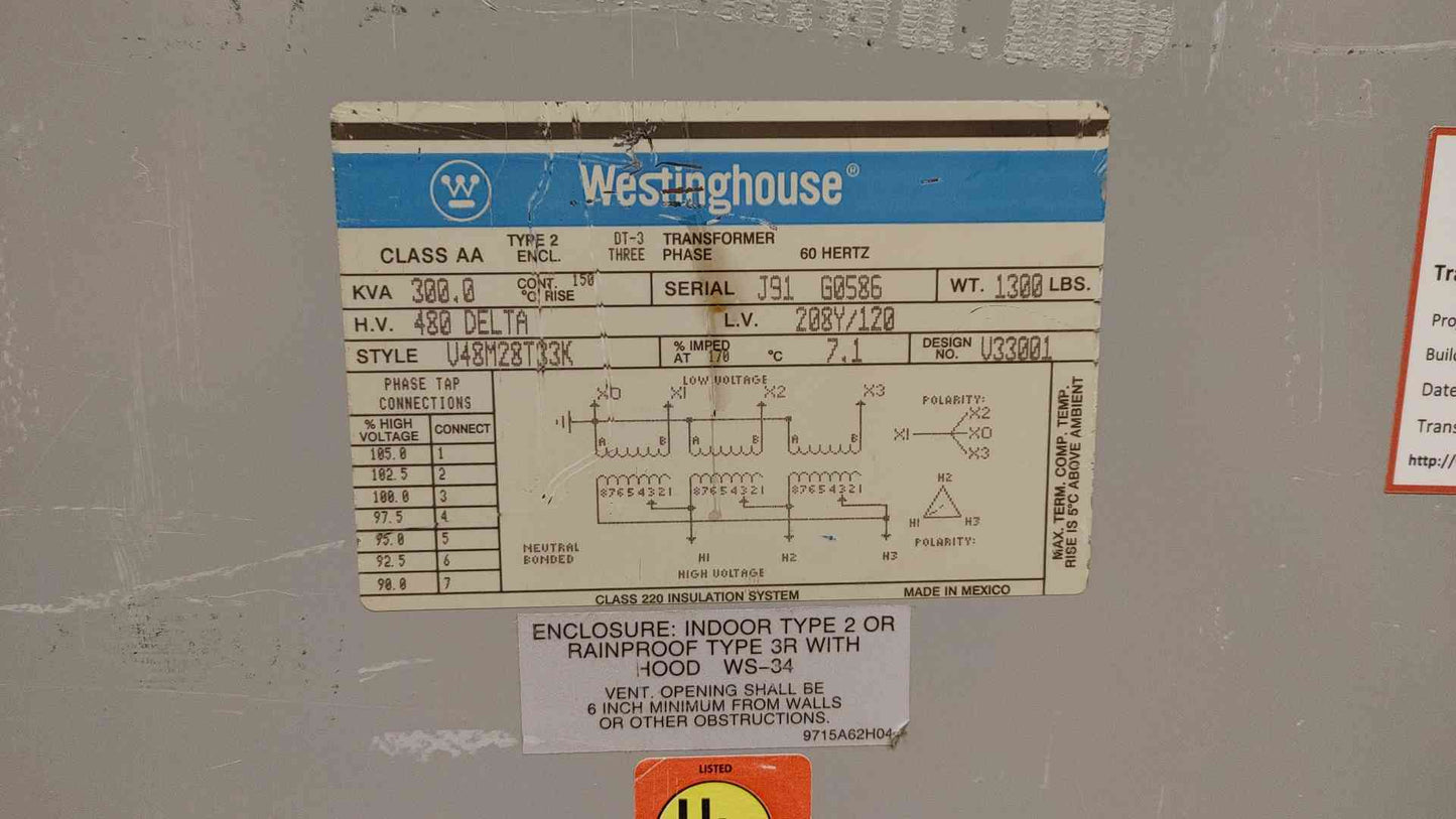 Westinghouse Dry Transformer 300KVA 480V x 208Y/120VAC 3PH V48M28T33K