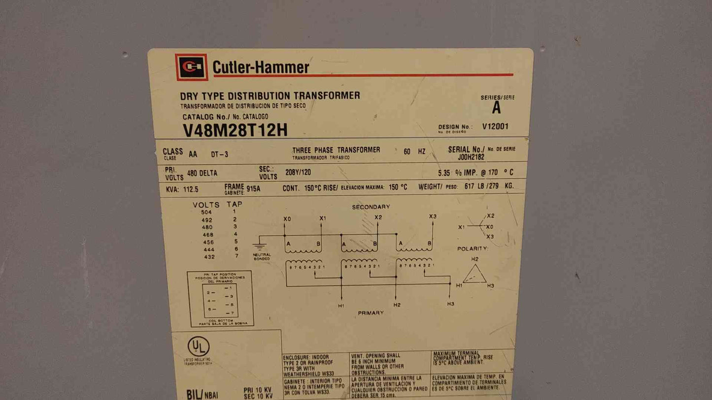 Cutler-Hammer Dry Type Transformer 112.5KVA 480VDC x 208Y/120VAC 3PH V48M28T12H