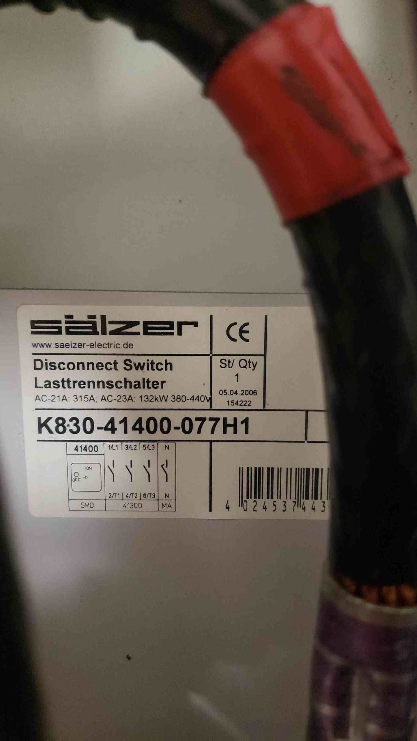 Salzer 132kW Disconnect Switch K830-41400-077H1 (SKU: 107378)