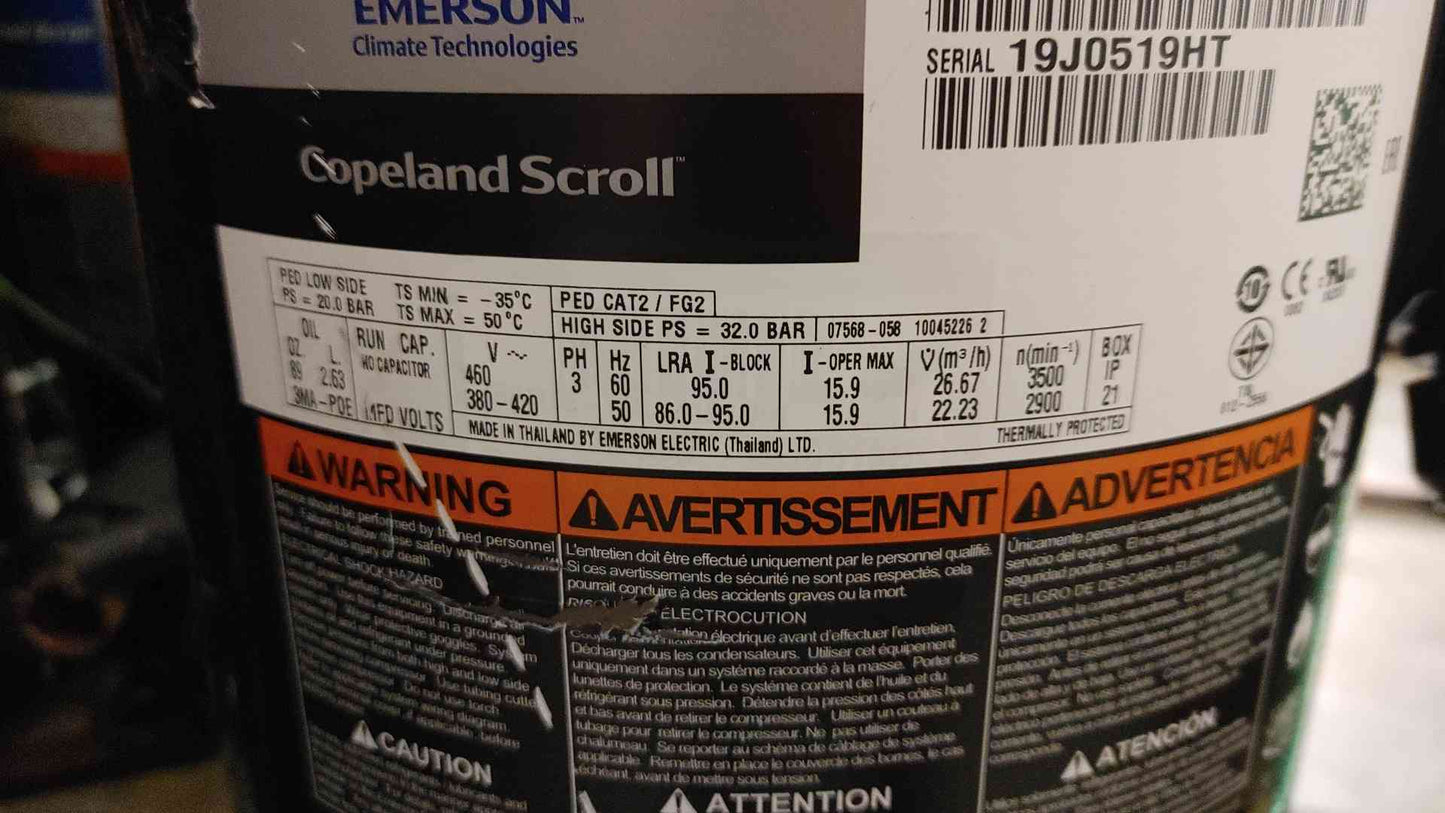 Emerson Copeland Scroll Compressor 460V 3PH ZR94KCE-TFD-950