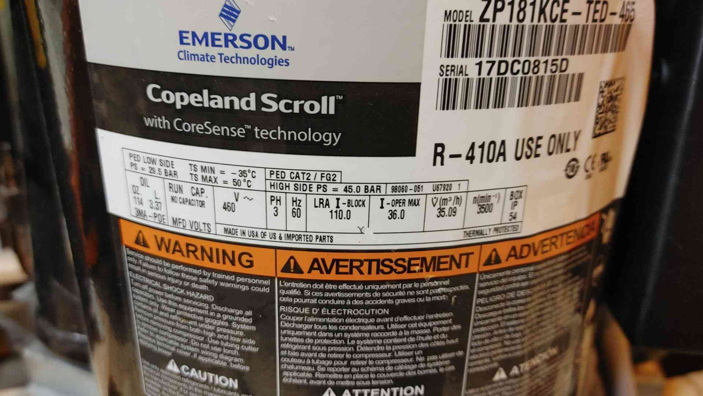 Emerson Copeland Scroll Compressor 460V 3PH ZP181KCE-TED-465