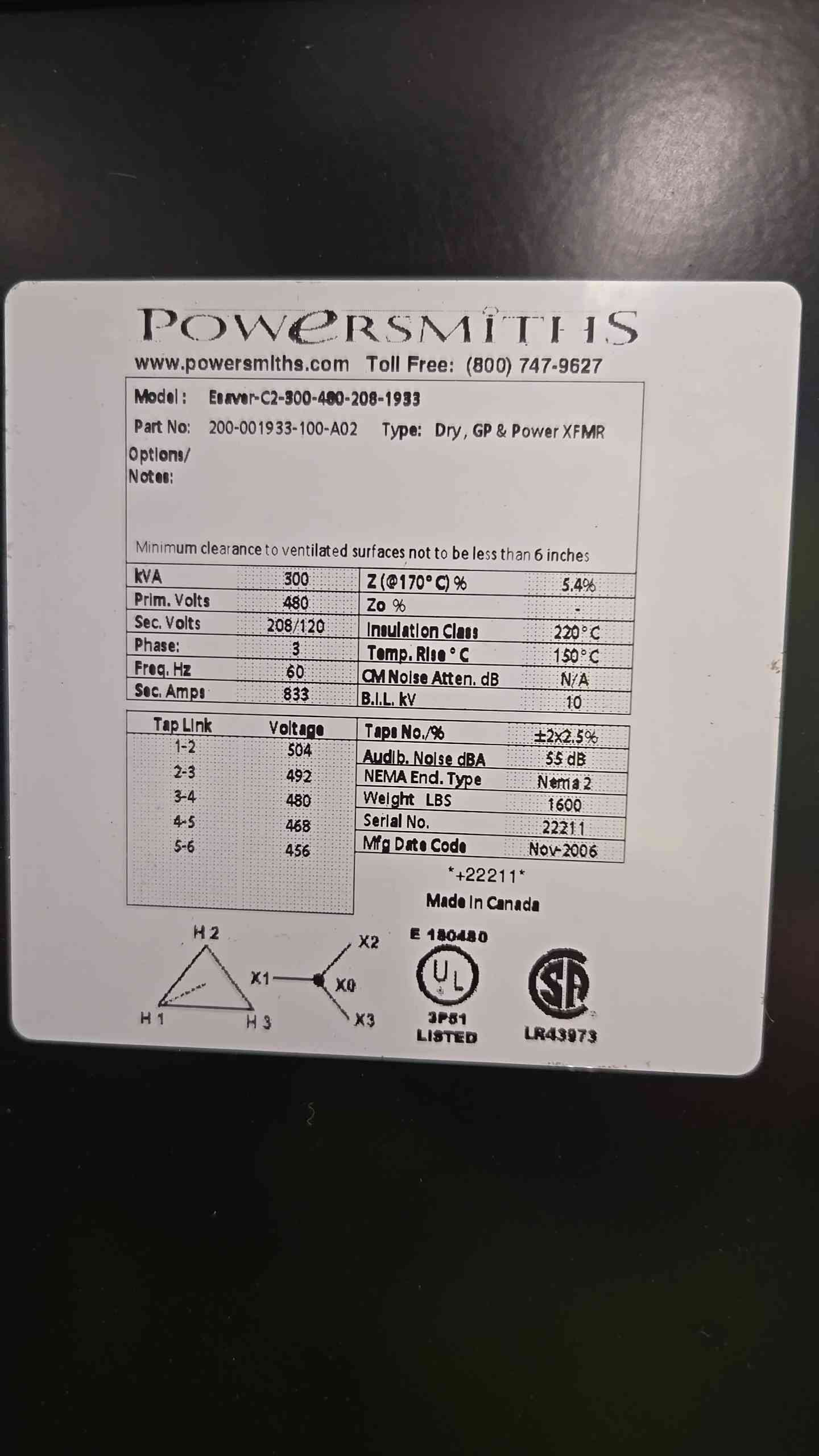 Powersmith 300KVA Dry Type Transformer 480v x 208/120v (107638)
