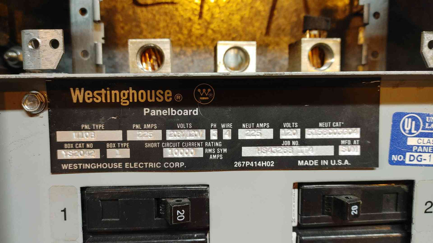 Westinghouse Panelboard 225A 208Y/120VAC 3PH 4W W10B