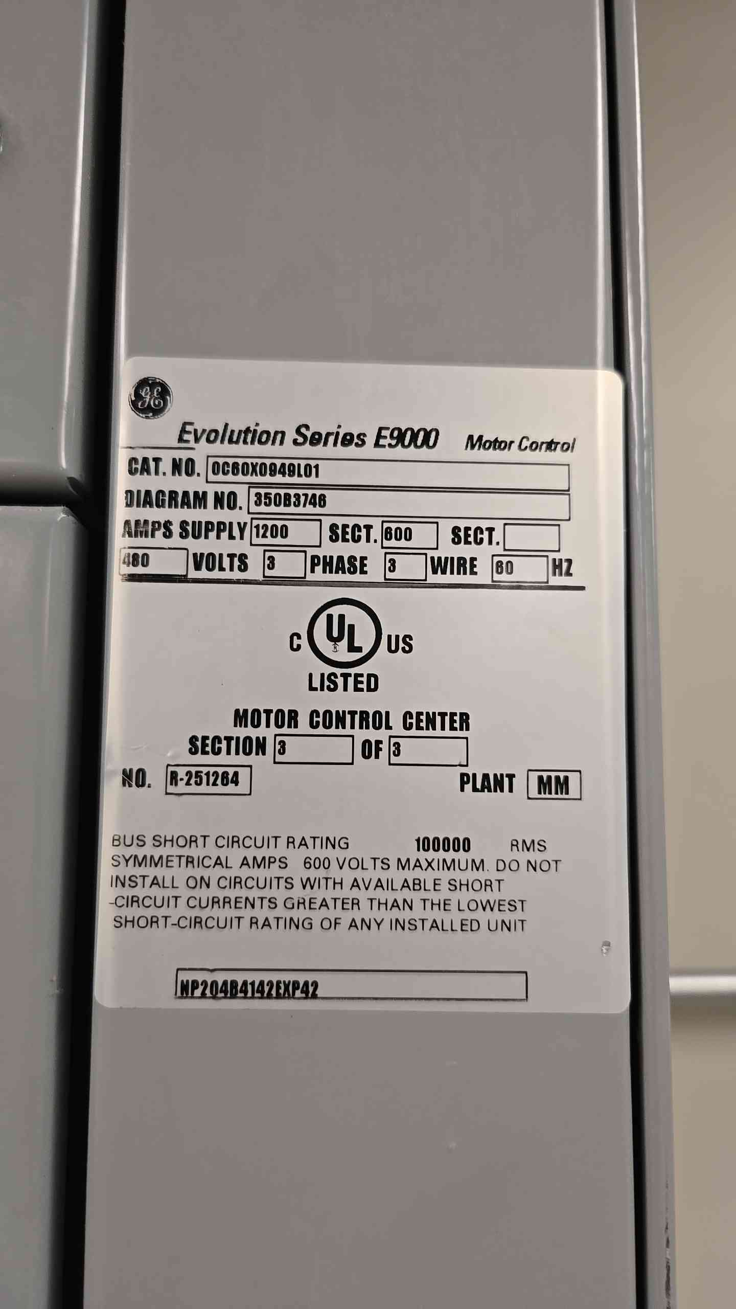 1200A GE Evolution Series E9000 Motor Control Center MCC (107815)