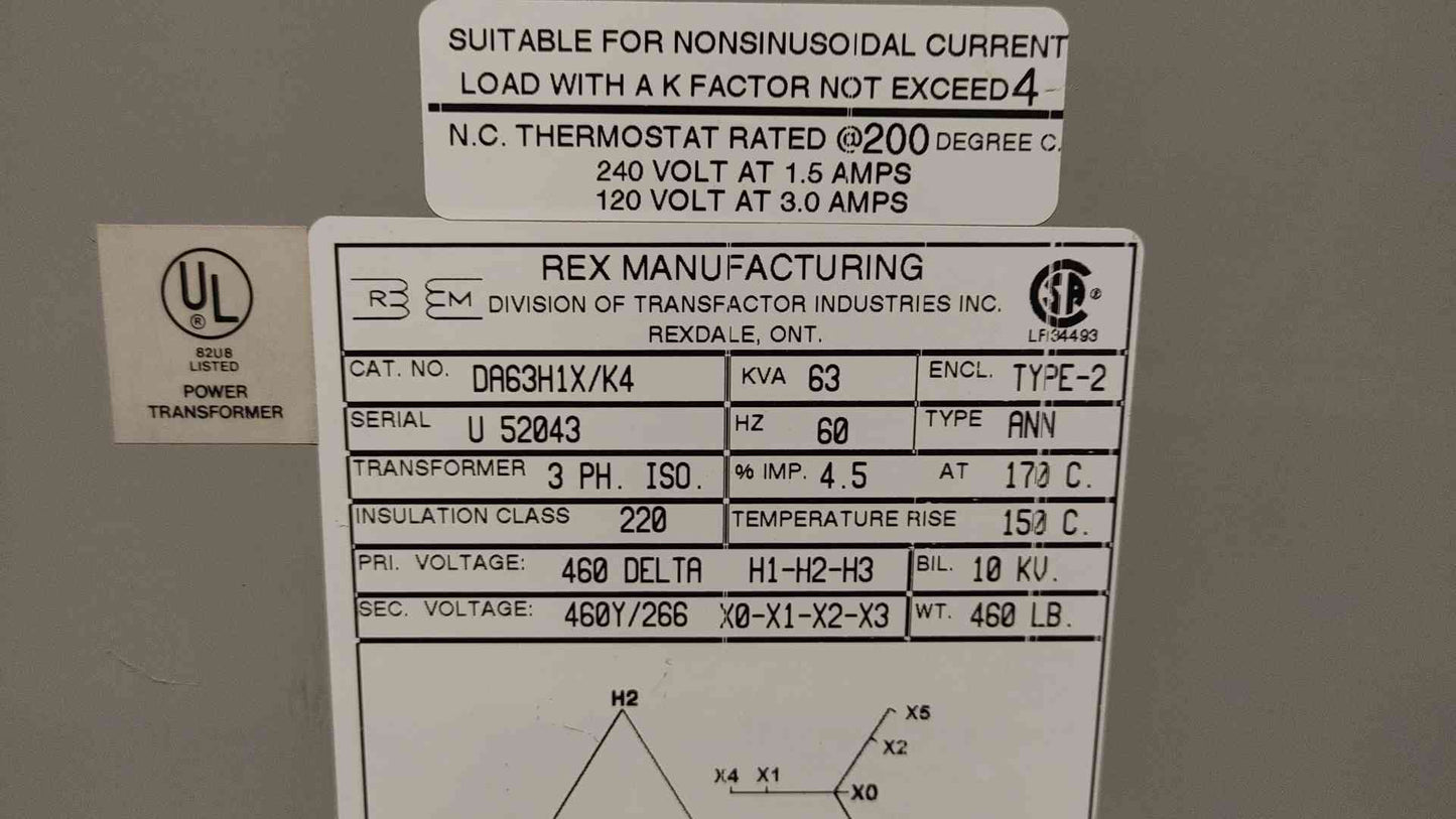 Rex Manufacturing Isolation Transformer 63KVA 3PH 460VDC x 460Y/266VAC DA63H1X/K4