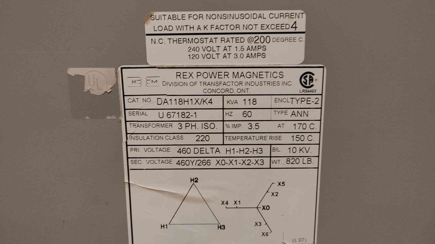 Rex Power Dry Transformer 118KVA 460VDC x 460Y/266VAC 3PH DA118H1X/K4