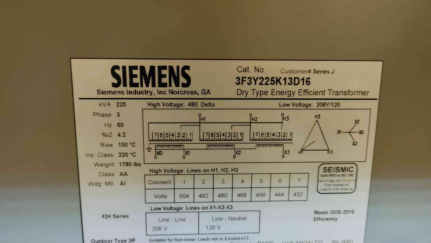 Siemens Dry Type Energy Efficient Transformer 225KVA 3PH 480VDC 208Y/120VAC 3F3Y225K13D16