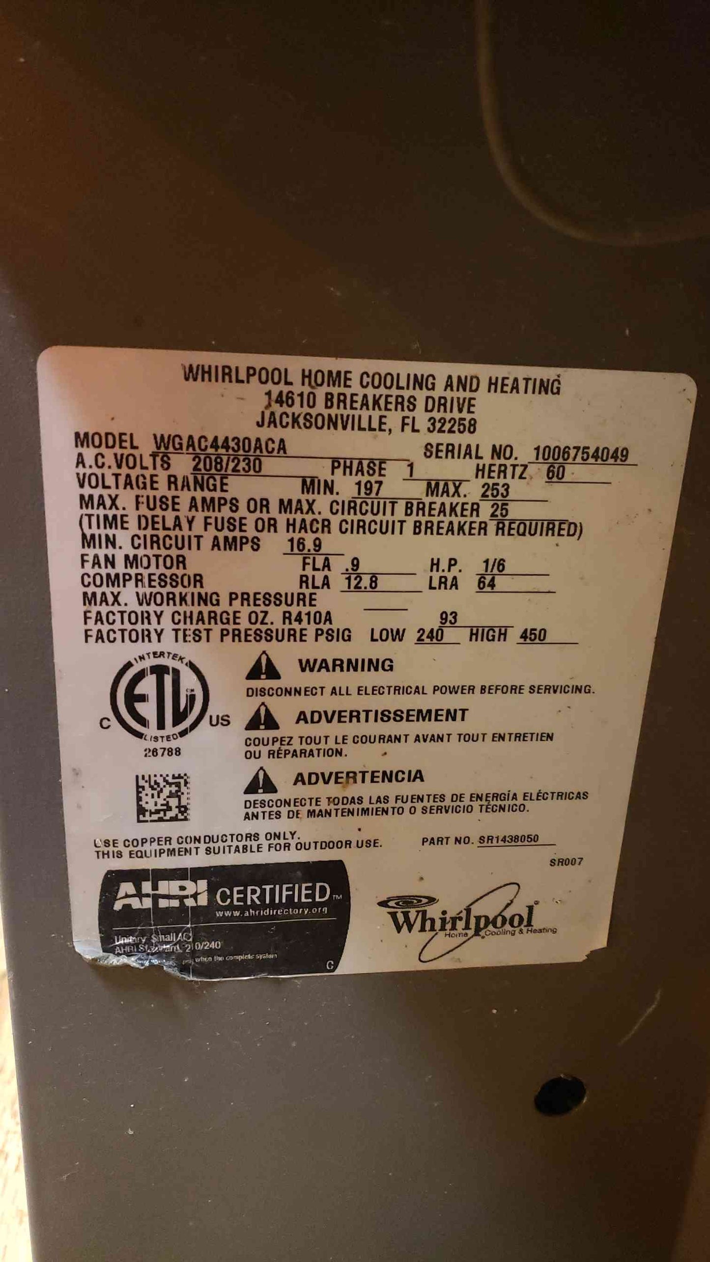 Whirlpool Heating/Cooling 208/230 1PH WGAC4430ACA (SKU: 107858)