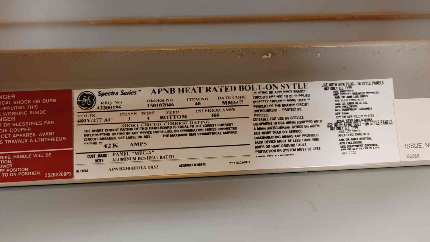GE Spectra Series APNB 400A Bolt-On Panelboard 480Y/277V 3PH 4W 43300186