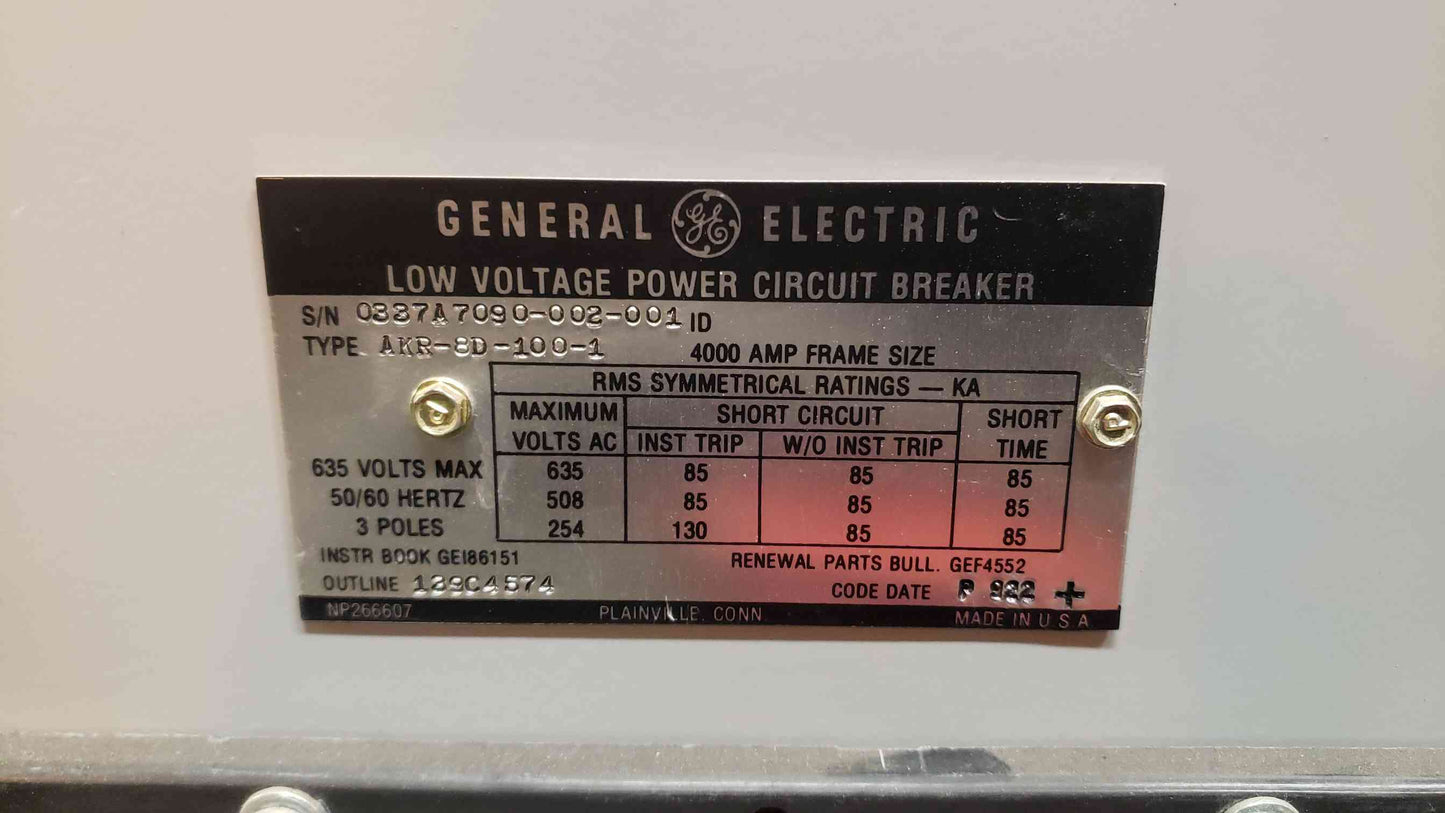 GE 4000A Low Voltage Power Circuit Breaker AKR-8D-100-1 (SKU: 108185