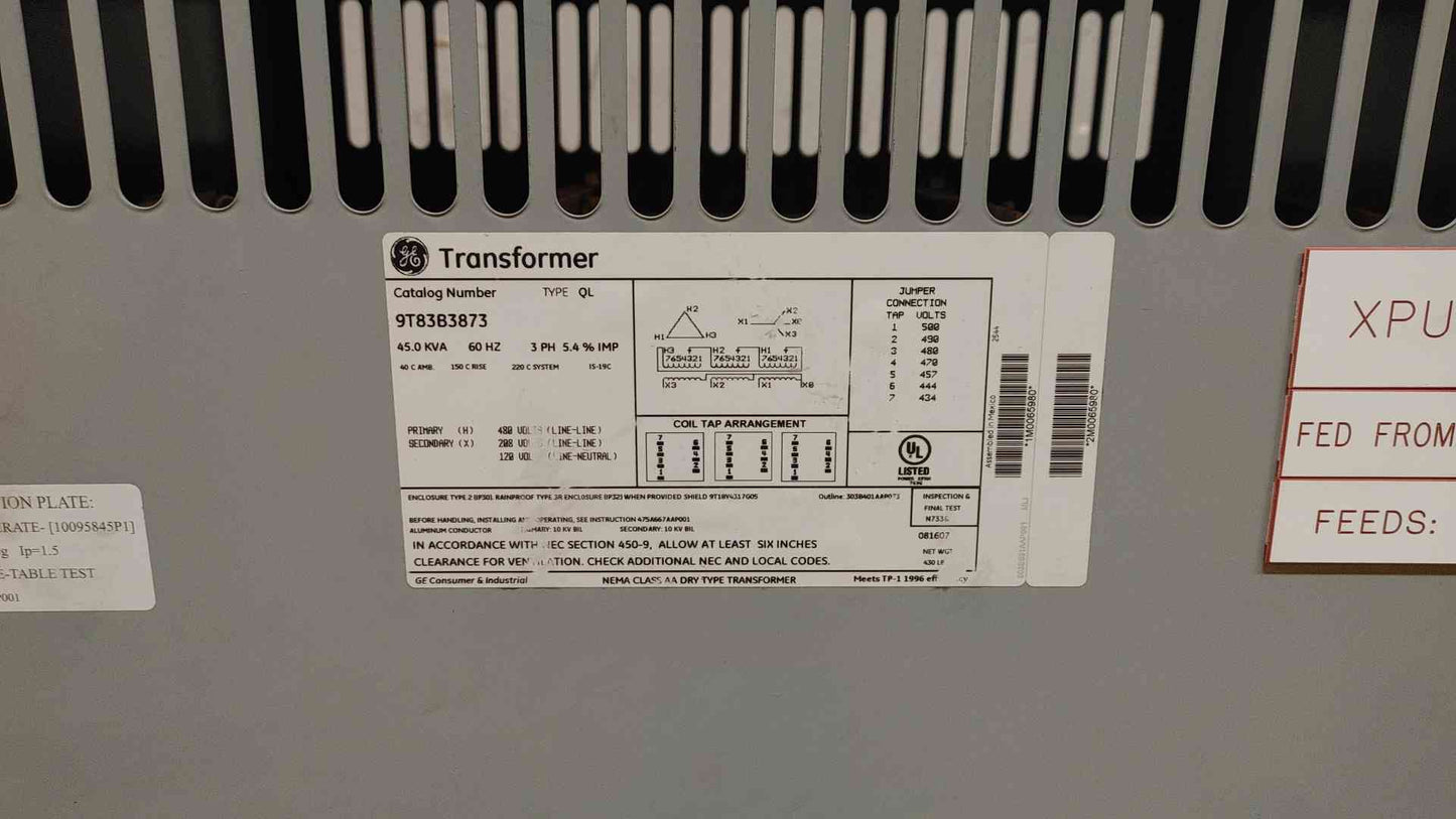 GE Dry Type Transformer 45KVA 3PH 9T83B3873 480v x 208/120v (108360)