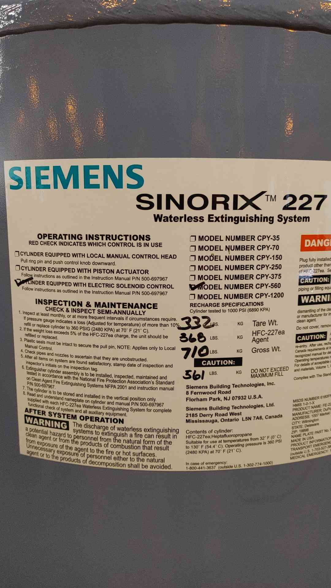 Siemens Sinorix 227 Fire Suppression Cylinder CPY-560 368Lbs of Agent (108487)
