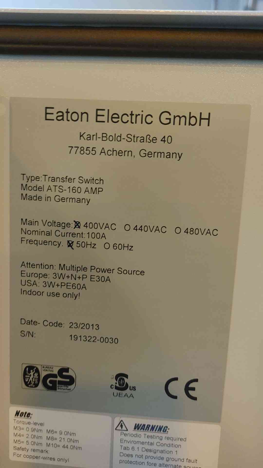 Eaton ATS Transfer Switch 50Hz 400V ATS-160 AMP (108829)