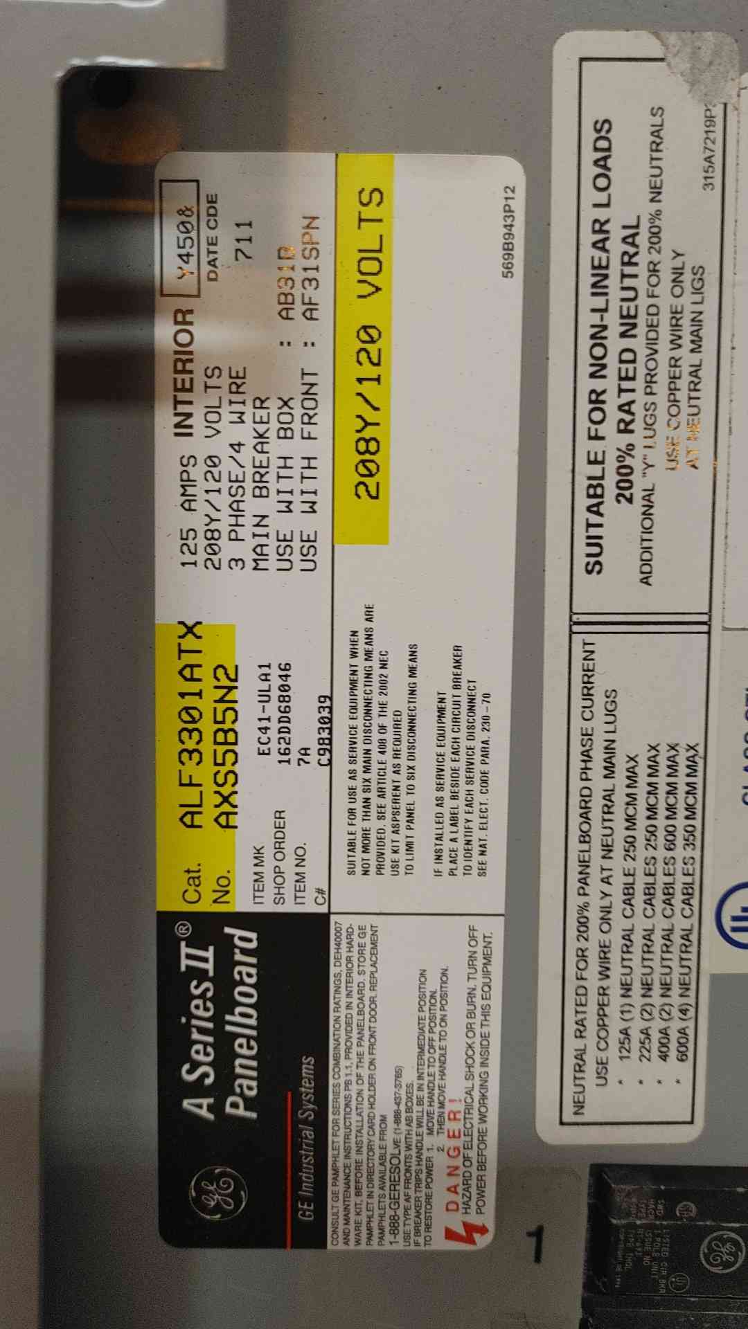 GE A Series 2 Panelboard 125A 120/240V 1PH EC41-ULA2 with MAIN (108904)