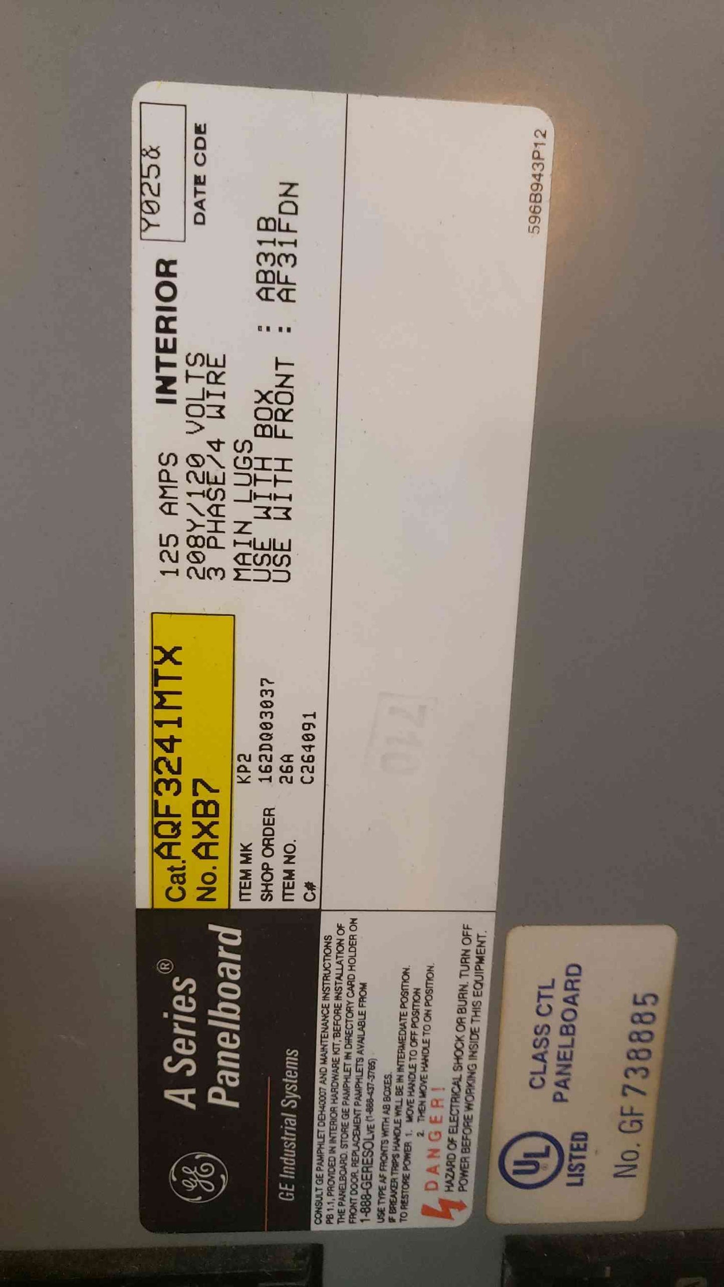 GE A Series 125A 208/120 3PH 4W Panelboard AQF3241MTX (SKU: 108922)