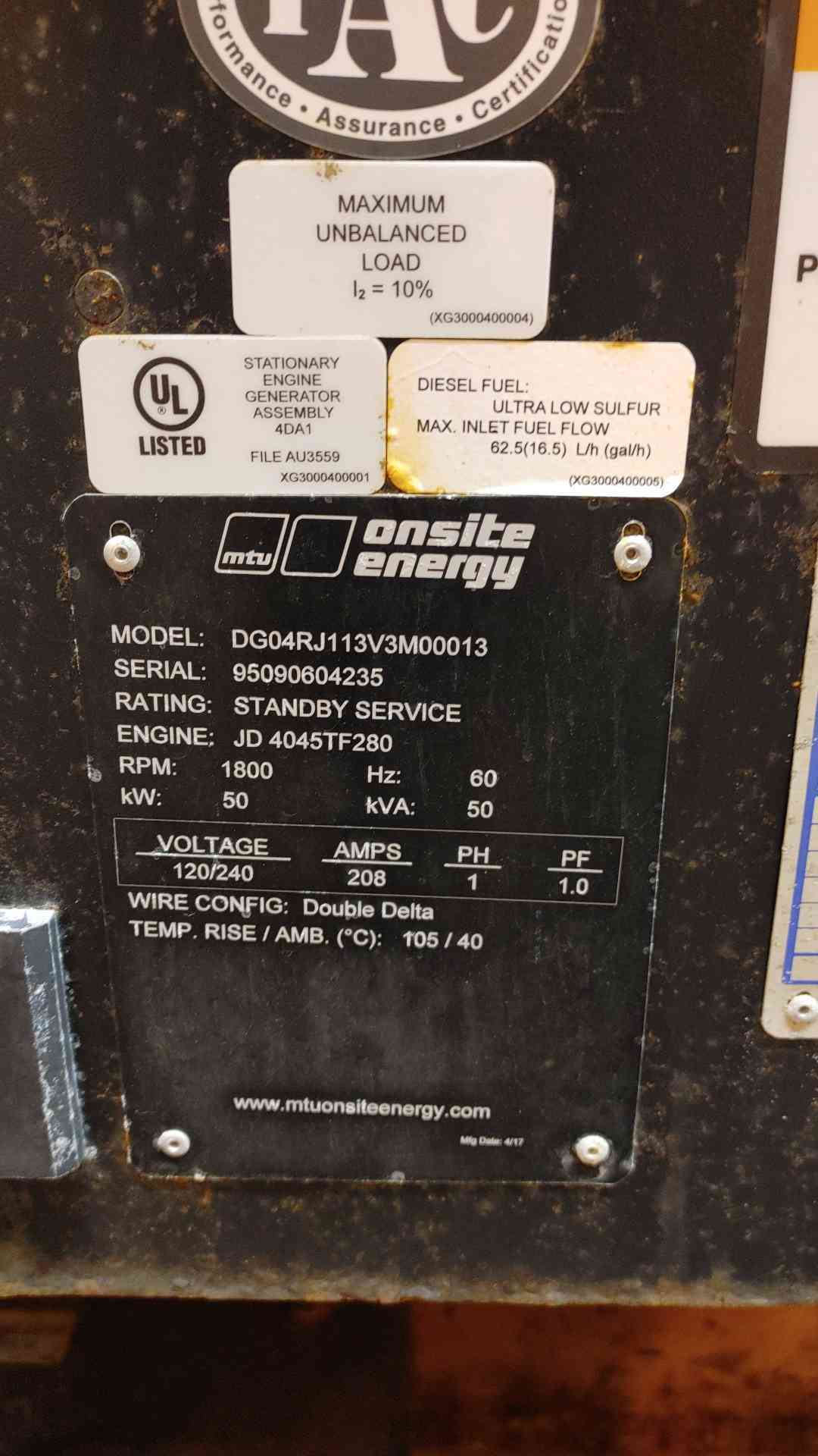 50KW MTU Onsite Generator 1&3PH John Deere 4045 Diesel 52Hrs TESTED (109015)